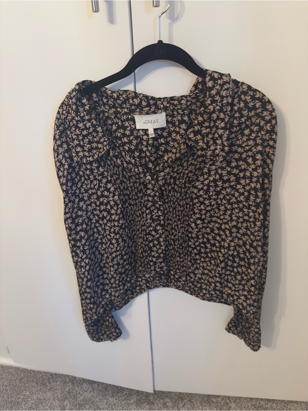 THE GREAT. Black Blouse with Beige Floral Print